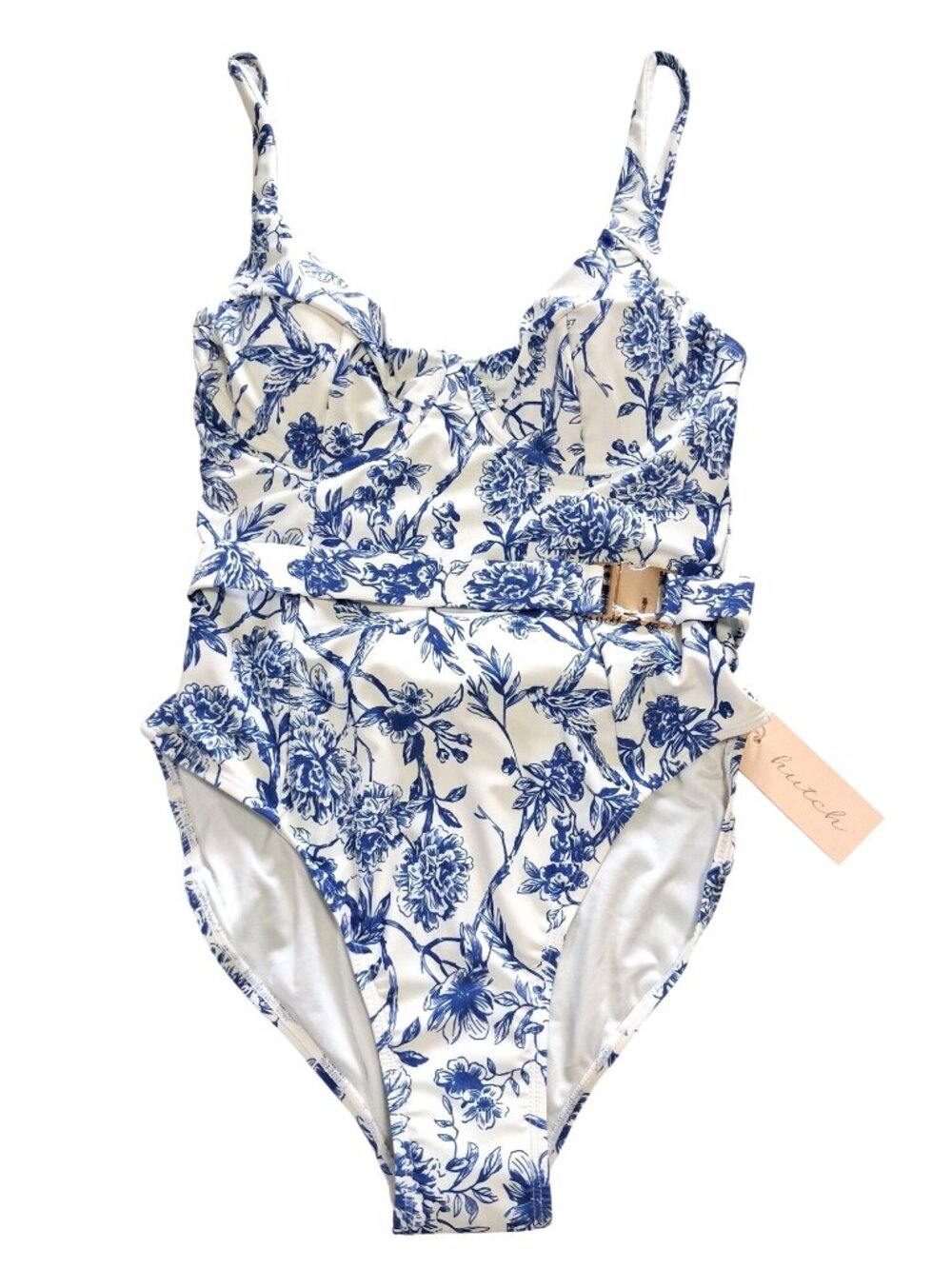 Hutch Sally Blue & White Floral One Piece Swimsuit With Belt Size Large NWT $198 - Picture 3 of 9